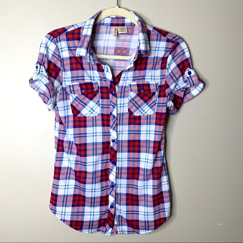 Passport Red White Blue Plaid Button Down Shirt Short Sleeve Blouse